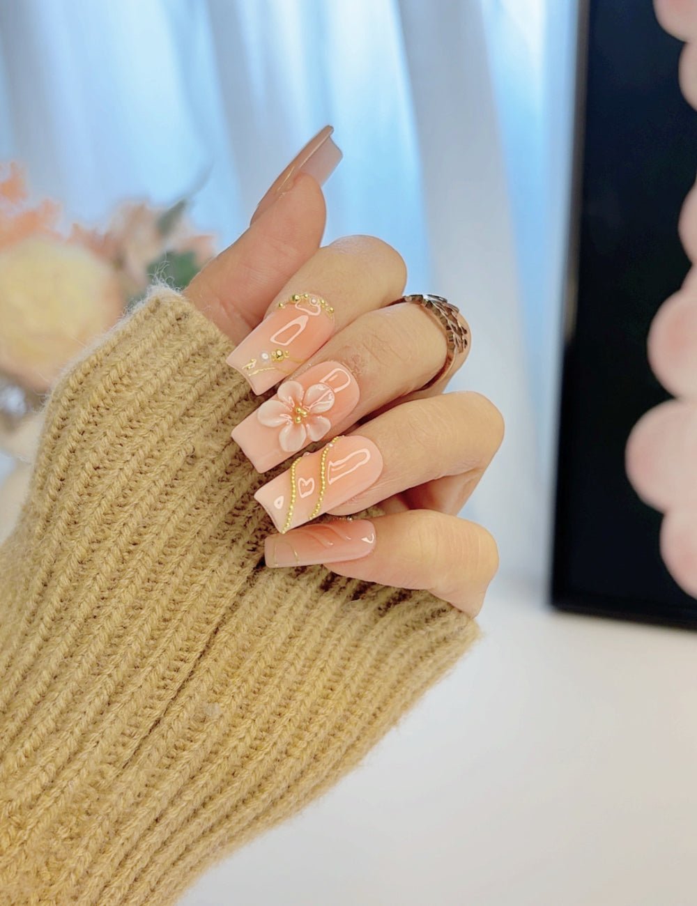 Handmade Peach Apron 3D Floral Long Square Press-On Nails
