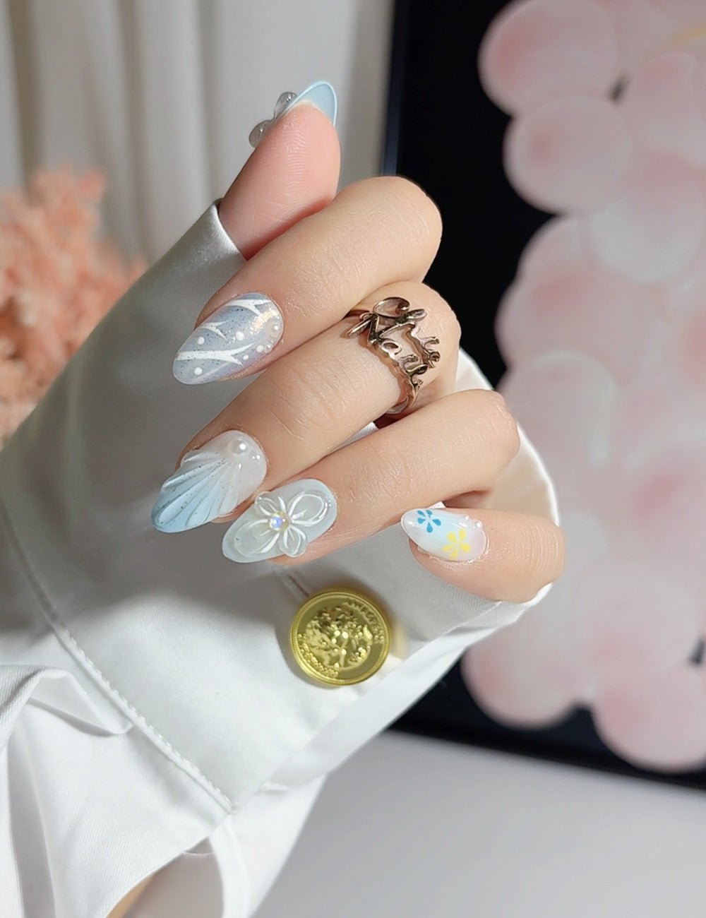 Blue Breeze 3D Clear Petal Press-On Nails – Almond Set