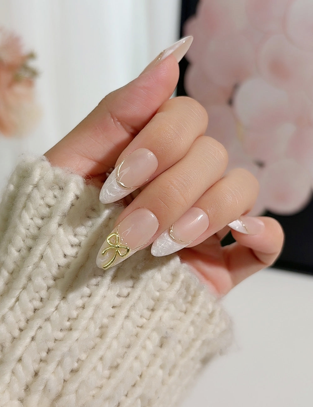 Champagne Ribbon Press-On Nails – Nude Sculpted French with Gold Bow