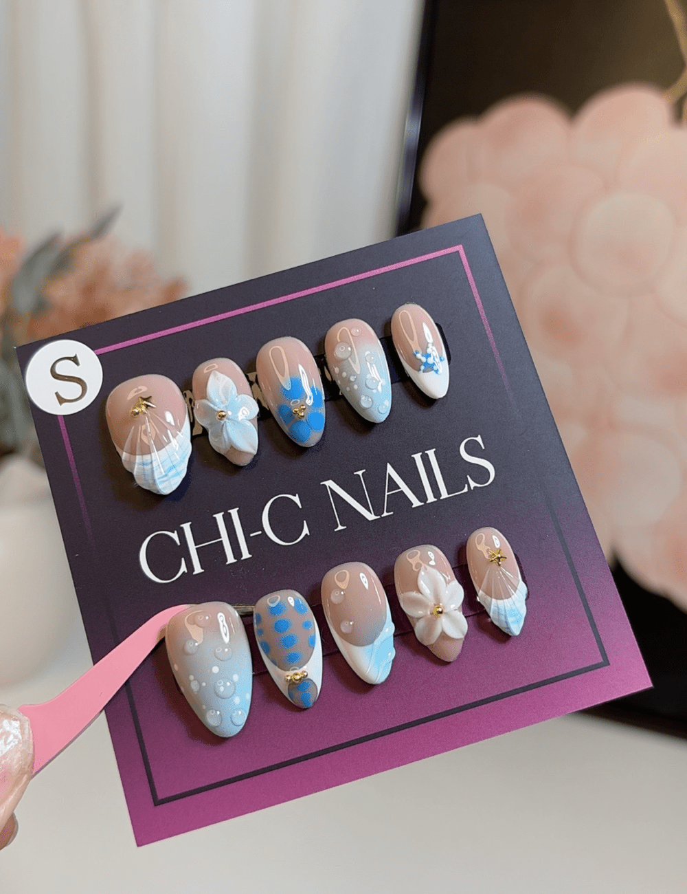 Blue Breeze & 3D Florals – Short Almond