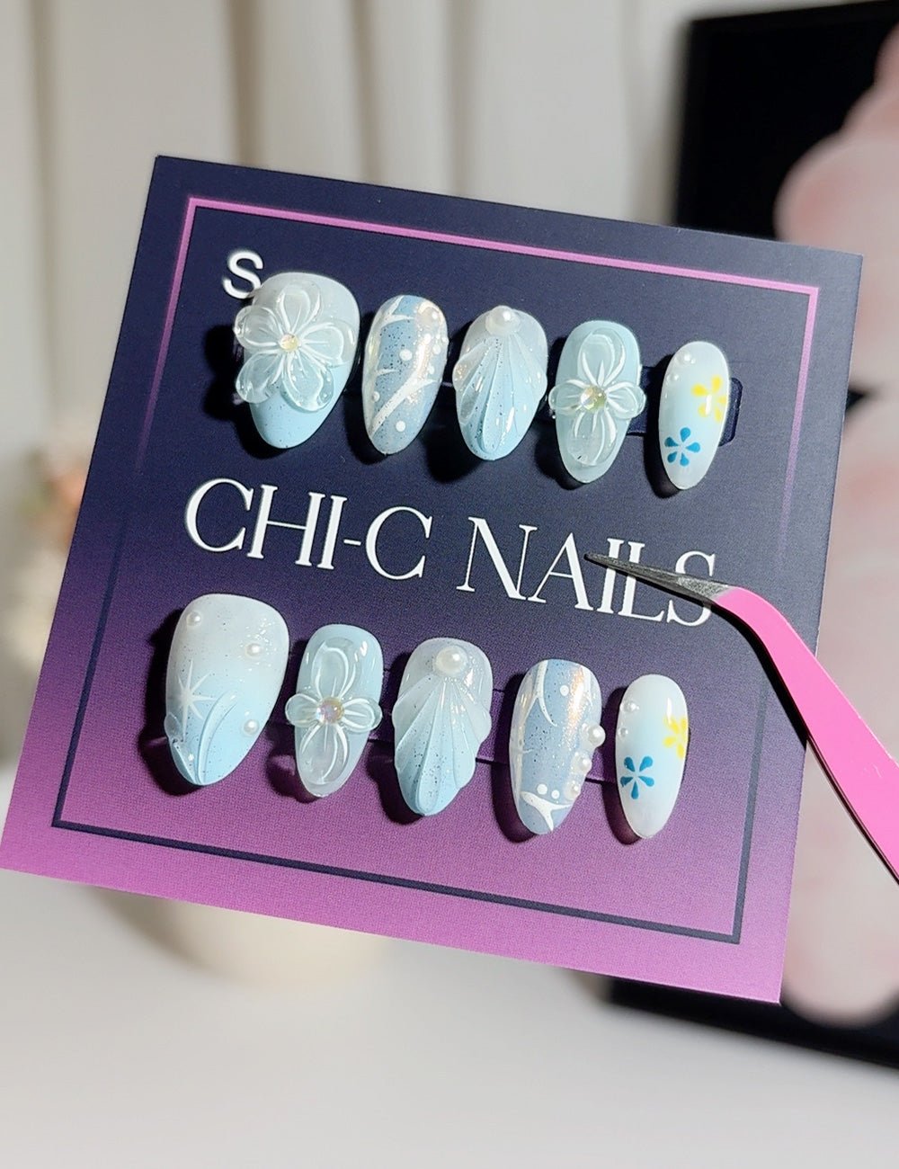 Blue Breeze 3D Clear Petal Press-On Nails – Almond Set