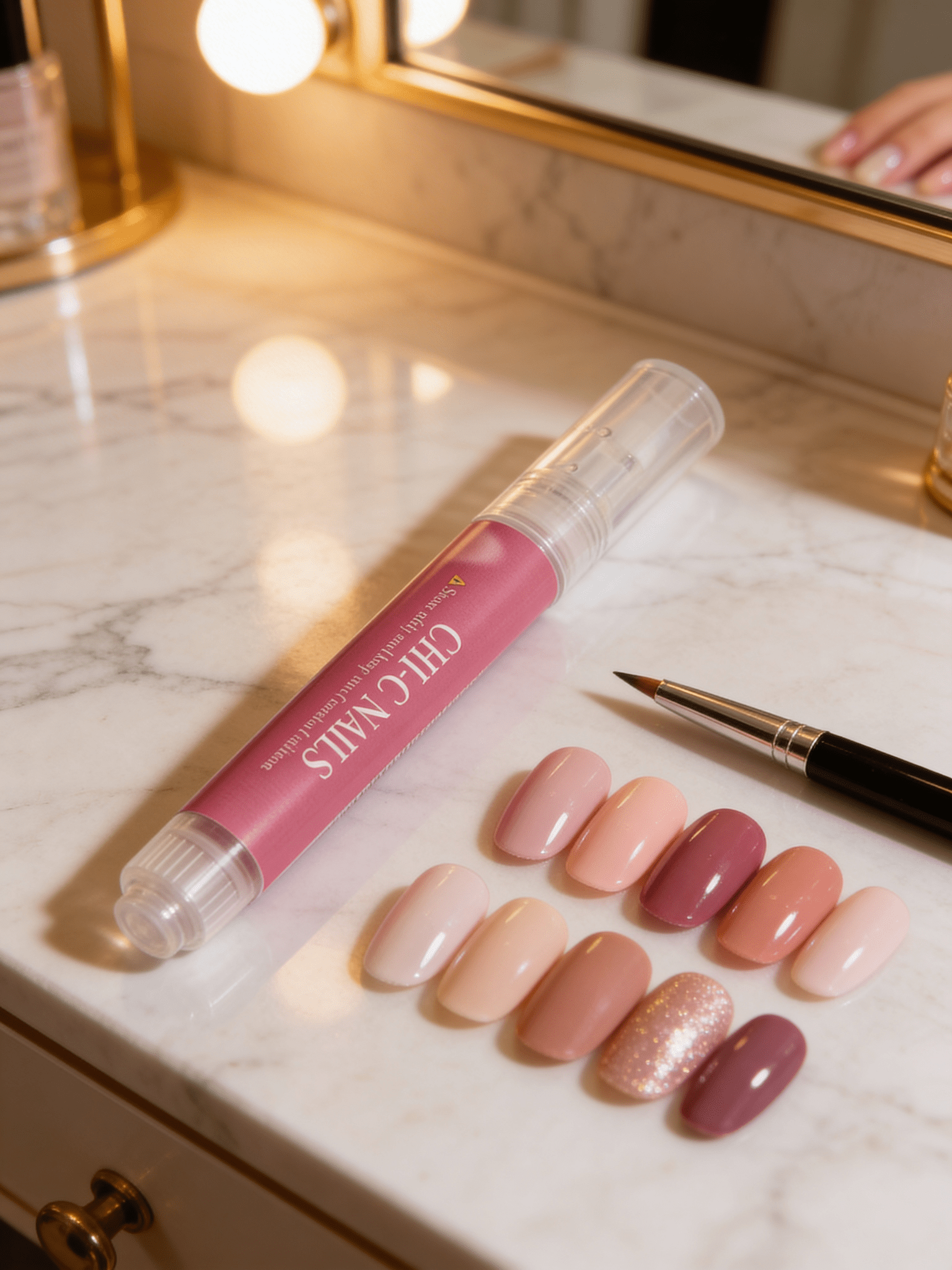 CHI-C NAILS Remover Pen with neutral nude press-on nails and a nail brush on a luxurious marble vanity