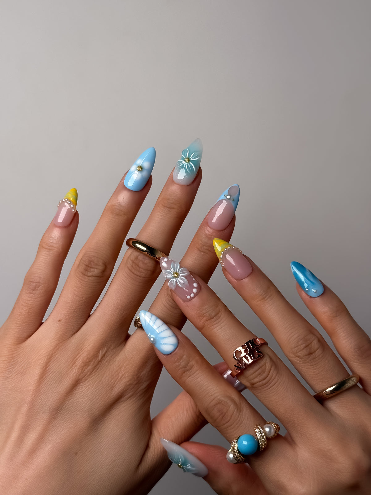 Azure Bloom Medium Almond Press On Nails