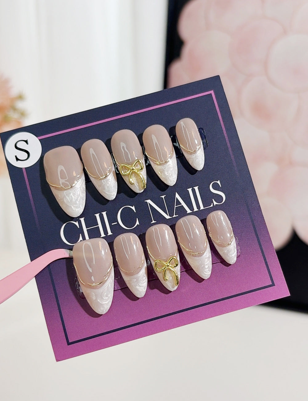 Champagne Ribbon Press-On Nails – Nude Sculpted French with Gold Bow