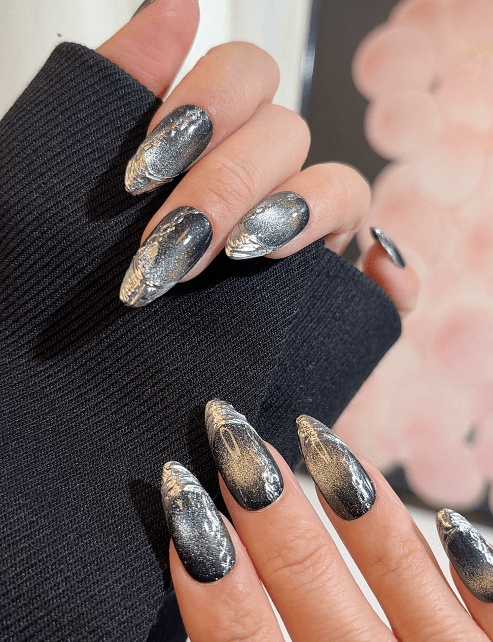 Black & Silver Metallic Press-On Nails – Medium Almond | Galaxy Chrome Design