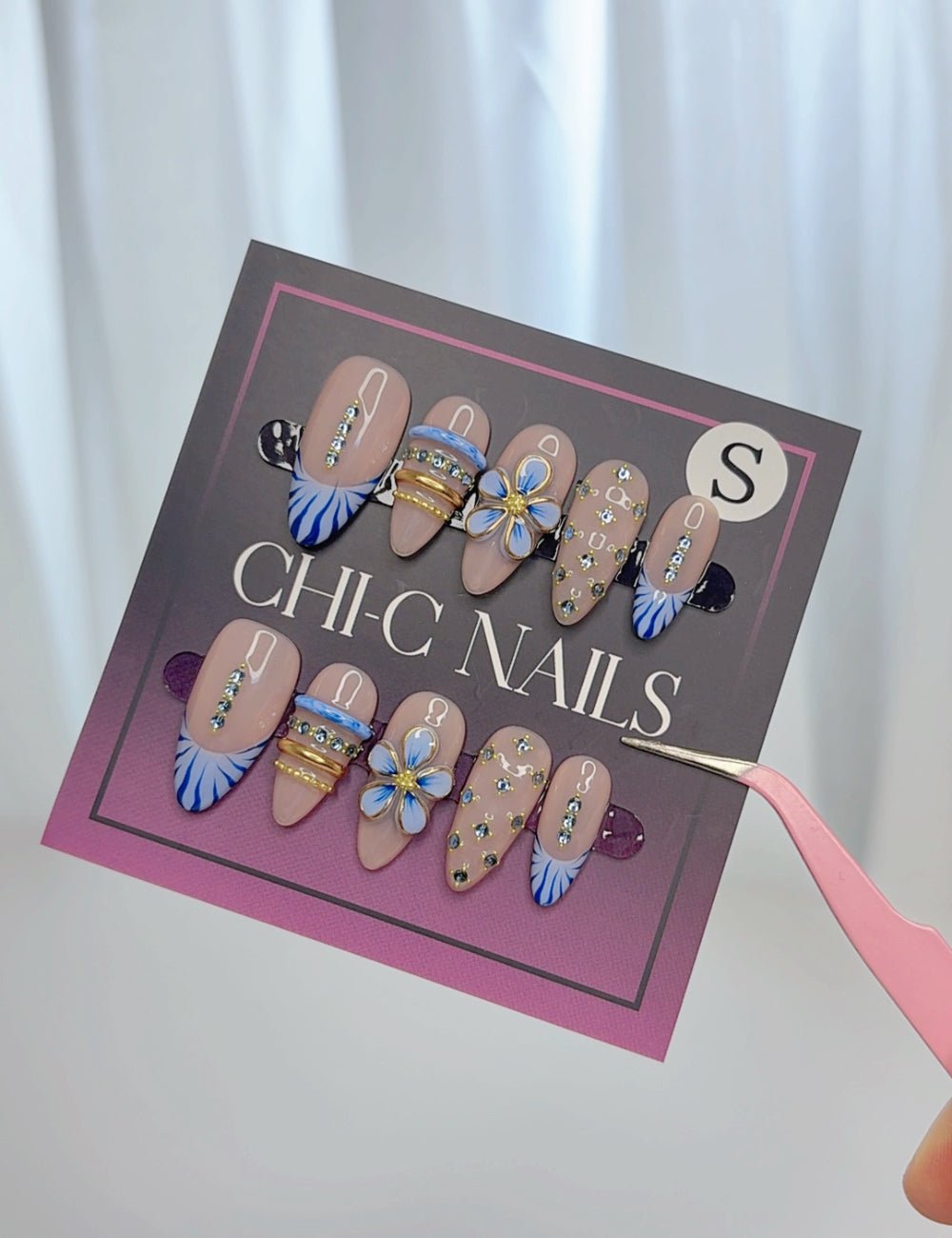 Blue Blossom French Press-On Nails | Nude Floral Almond Nail Set