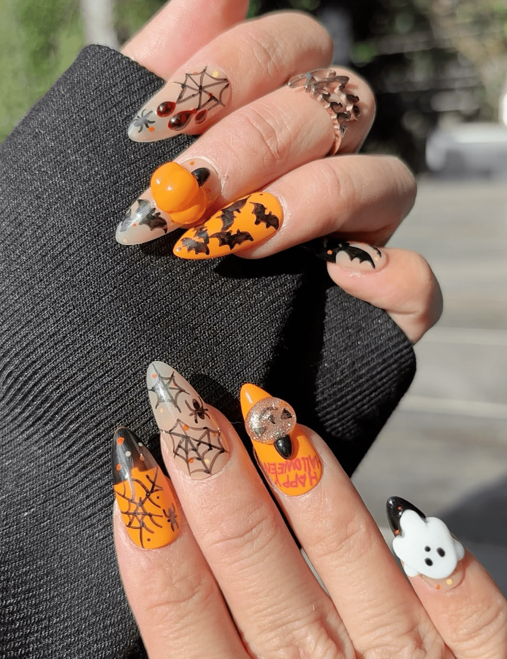 Halloween Pumpkin & Ghost Press-On Nails – Medium Almond with 3D Pumpkin & Spider Webs