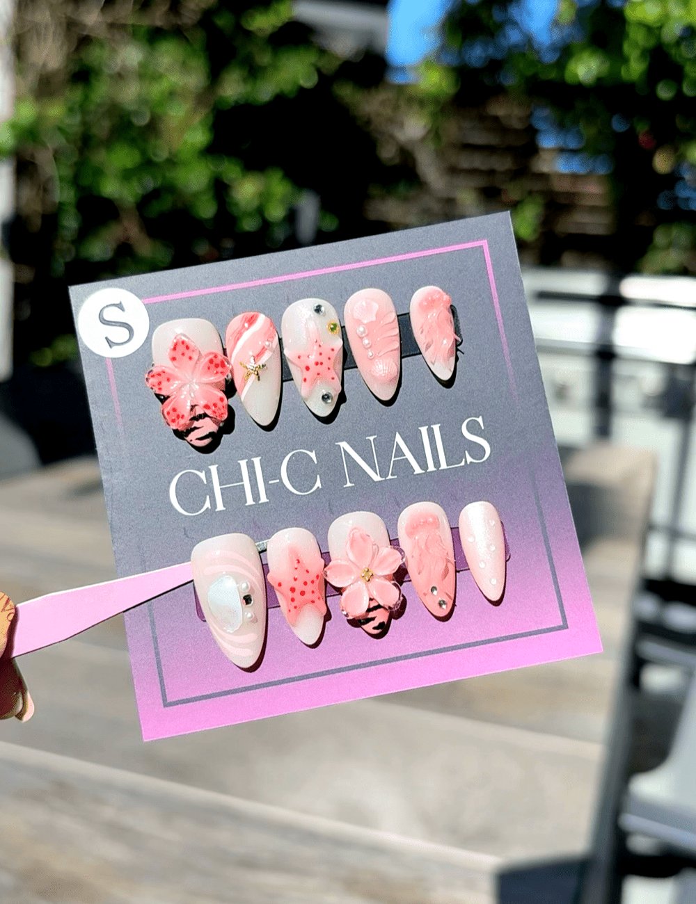 Pink Coral Blossom Press-On Nails – 3D Floral & Starfish Summer Design