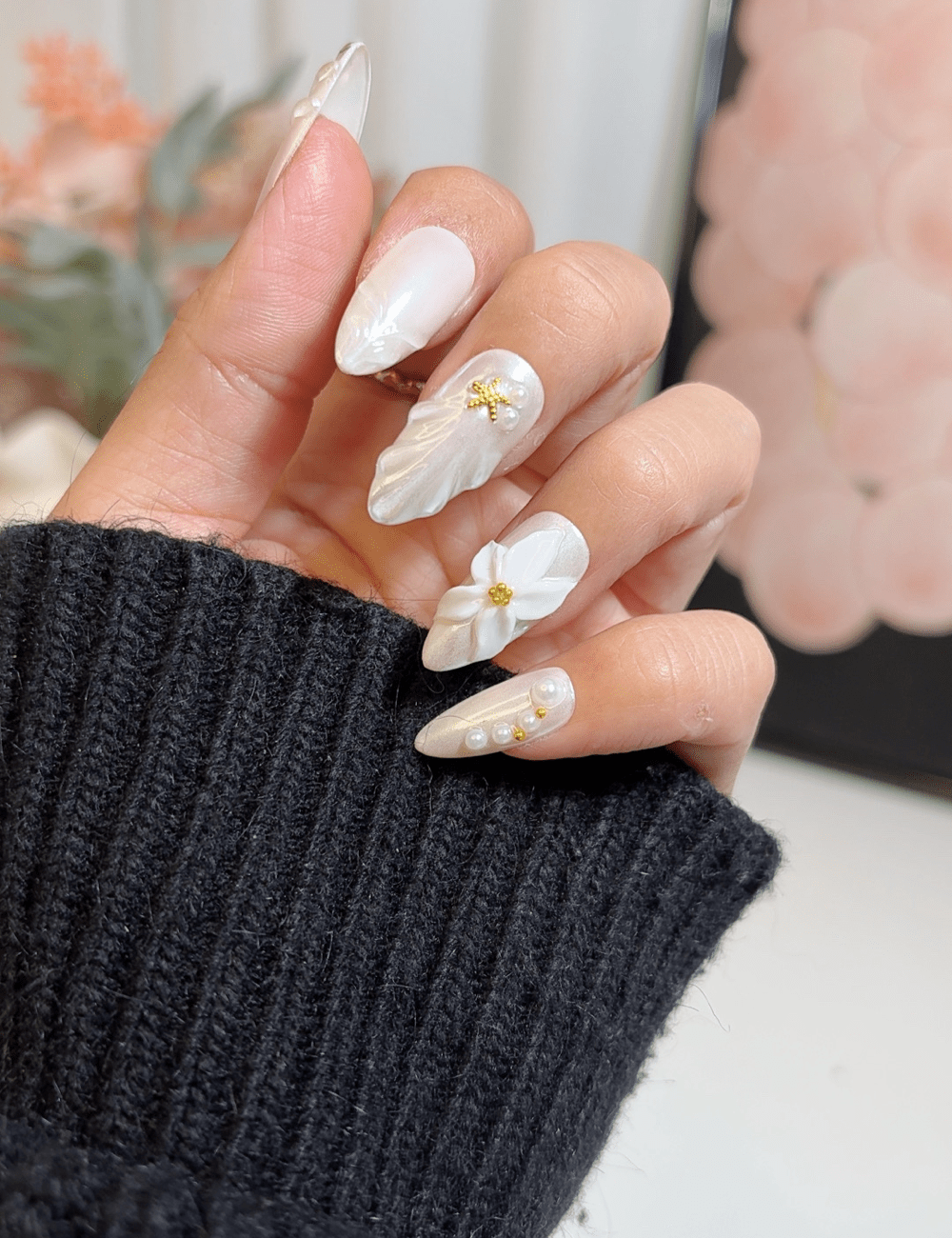 Pearl White 3D Floral Press-On Nails – Medium Almond