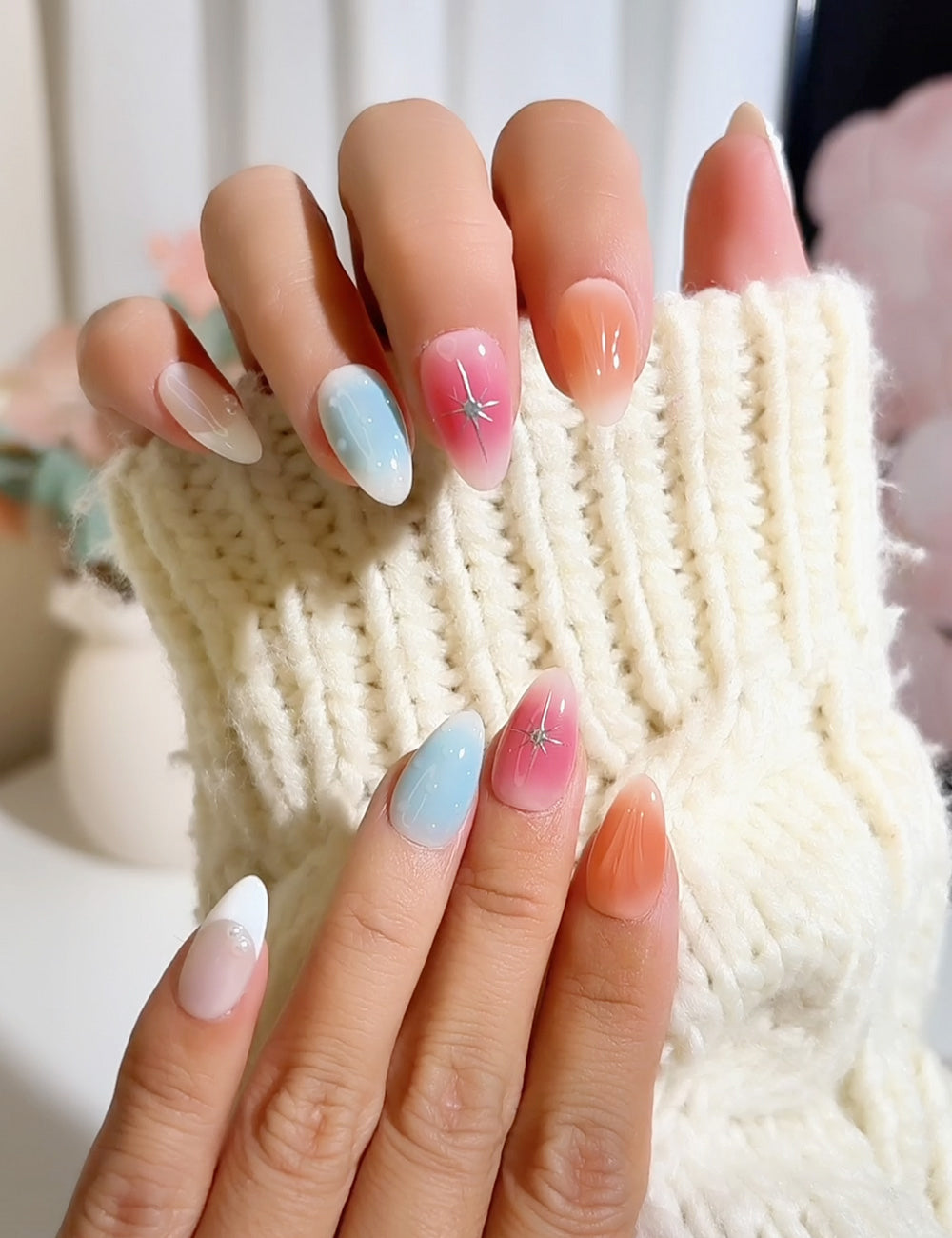 Pastel Daydream Press-On Nails – Gradient Starburst & Pearl Accent Set (10-Piece)