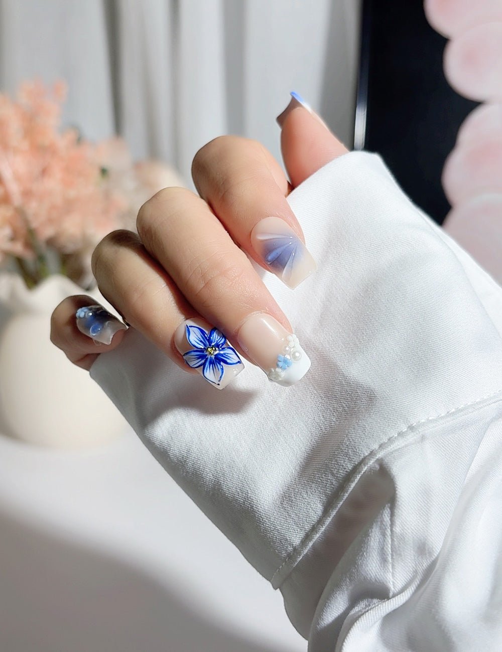 Blue Bloom 3D Flower Medium Square Press-On Nails