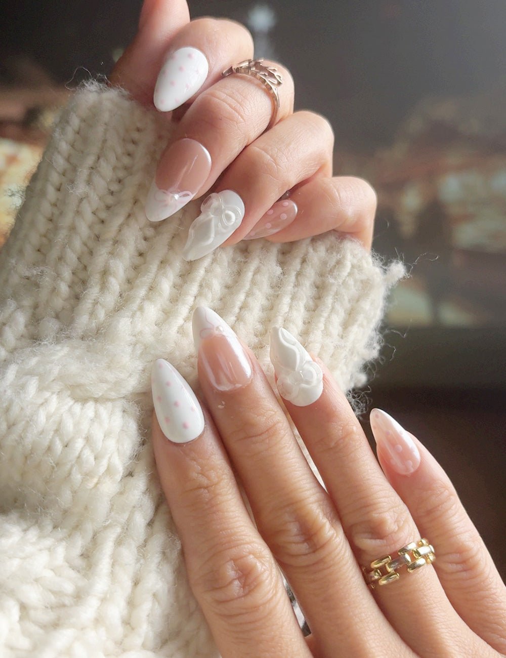 White Bow & Pink Dot Almond Press-On Nails