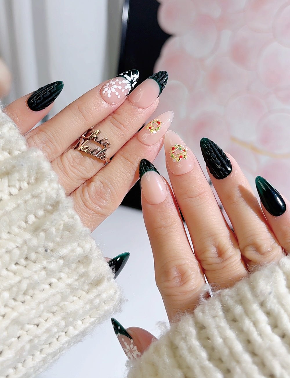Handmade Press On Nails Dark Green Christmas French Design Reusable Fake Nails CHICNAILS