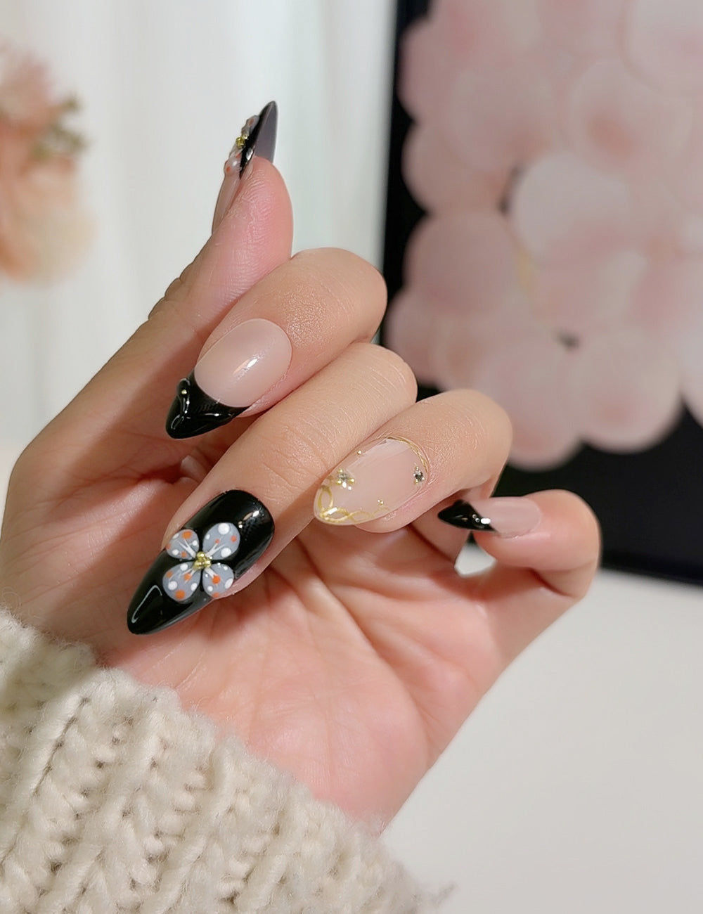 Midnight Bloom Press-On Nails – Black French with 3D Orange Florals