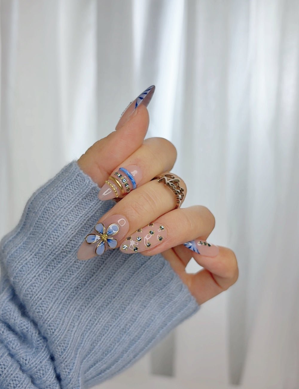 Blue Blossom French Press-On Nails | Nude Floral Almond Nail Set