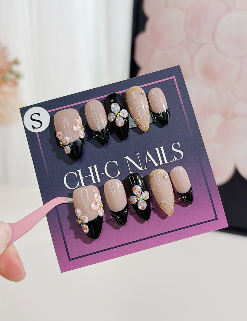 Midnight Bloom Press-On Nails – Black French with 3D Orange Florals
