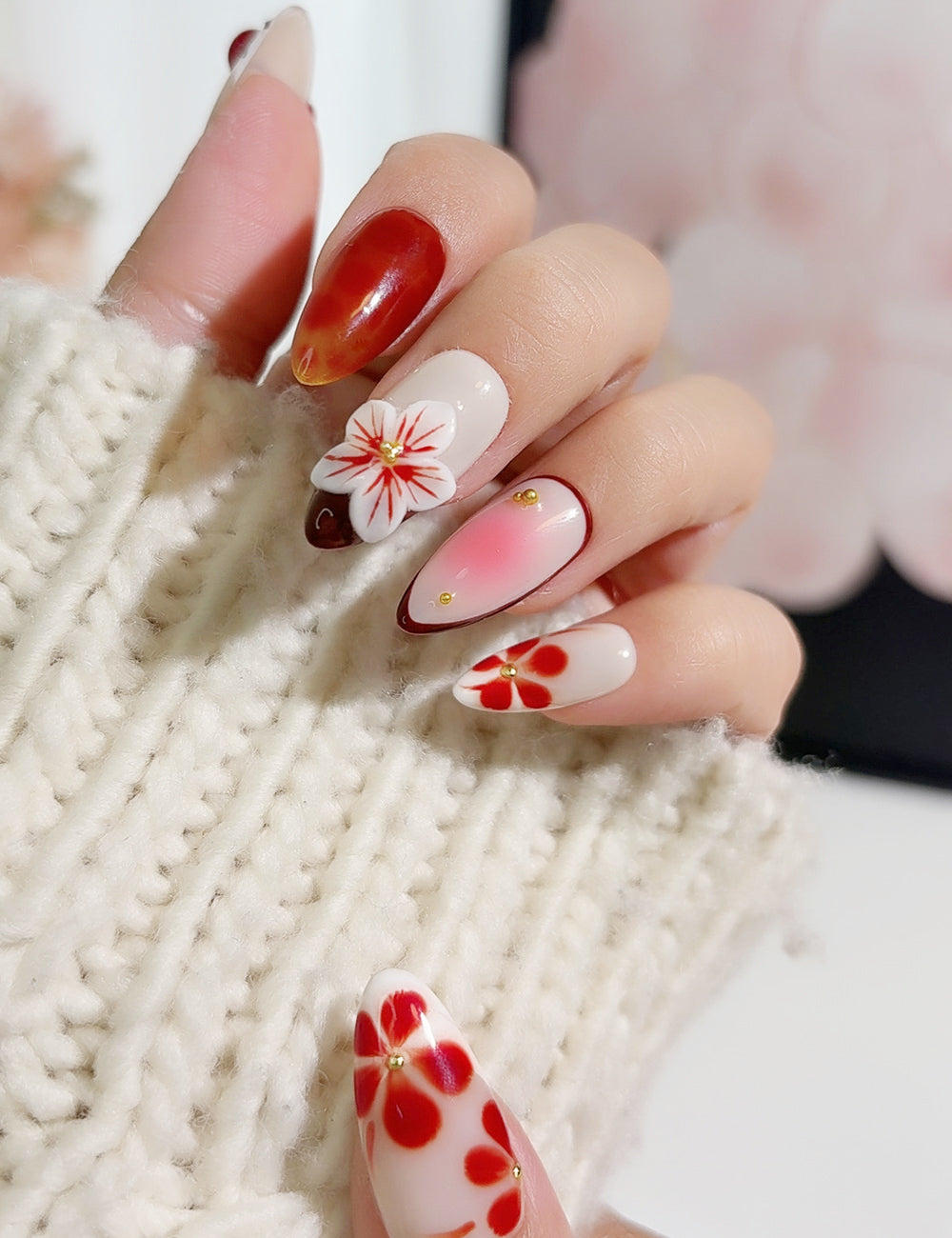 Cherry Blossom Press-On Nails – Red Cherry, Floral & Ombre Mix