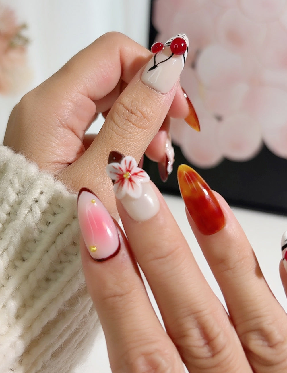 Cherry Blossom Press-On Nails – Red Cherry, Floral & Ombre Mix