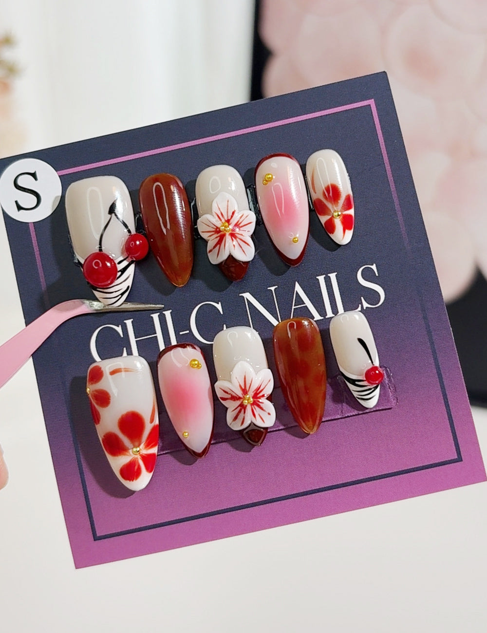 Cherry Blossom Press-On Nails – Red Cherry, Floral & Ombre Mix