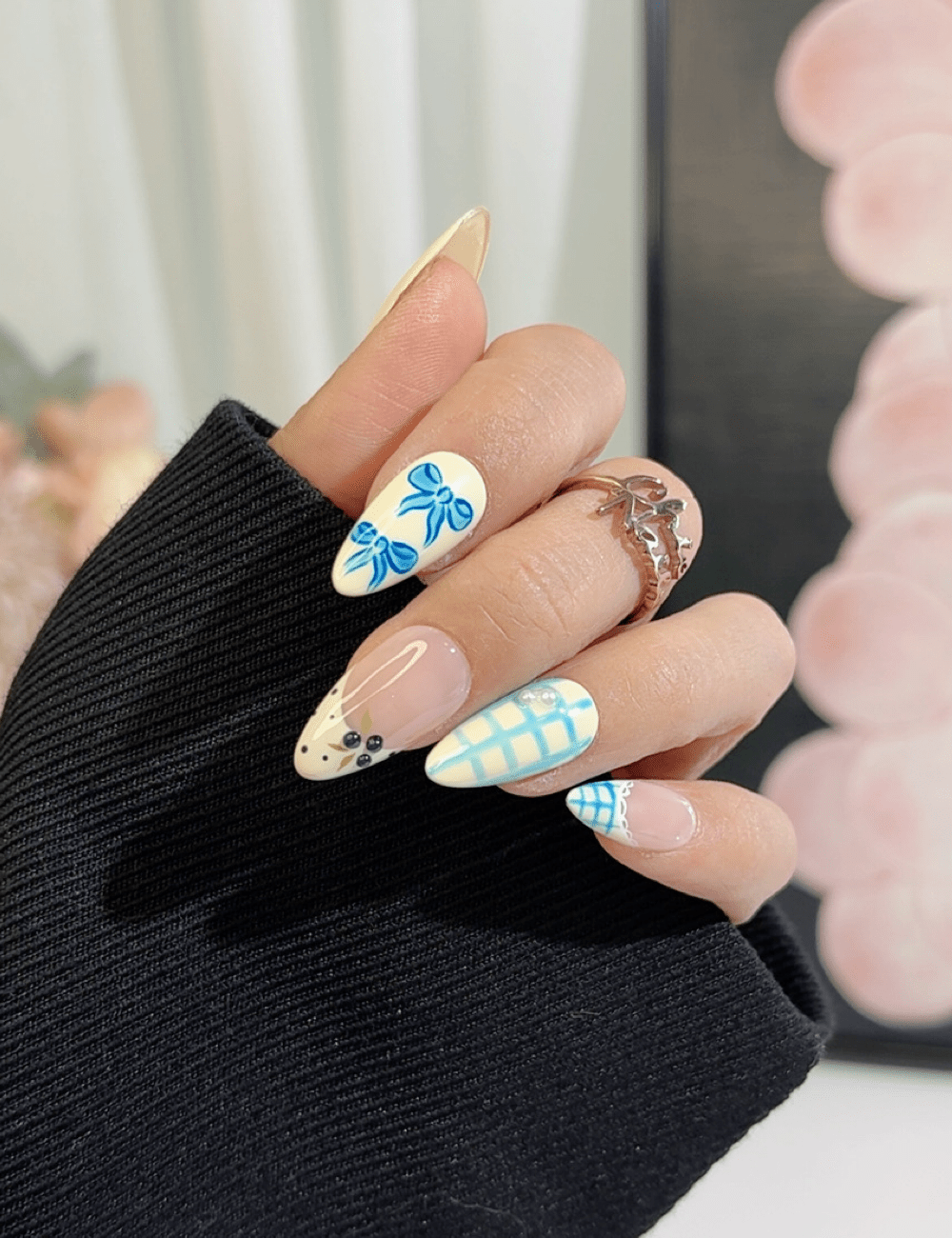 Blue Bow & Gingham Cute Press-On Nails – Medium Almond
