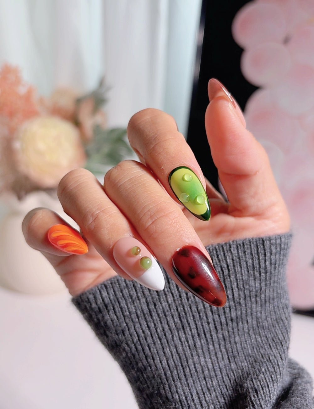 Custom 3D Water Drop Press-On Nails - Vibrant Green & Orange Reusable Nails - Medium Almond