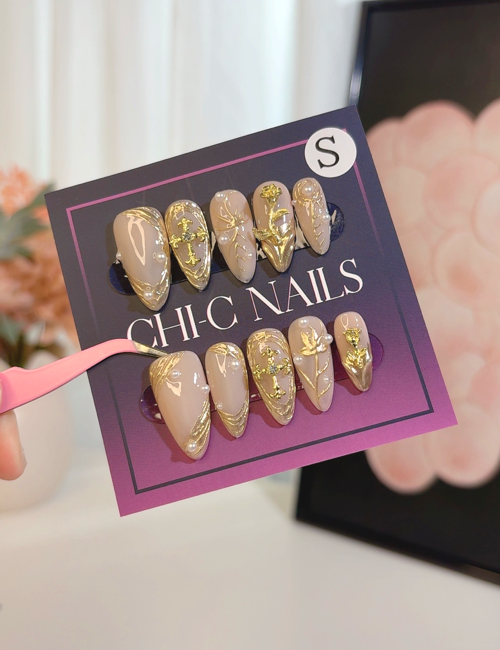 Golden Grace – Nude & Gold 3D Press-On Nails | Medium Almond