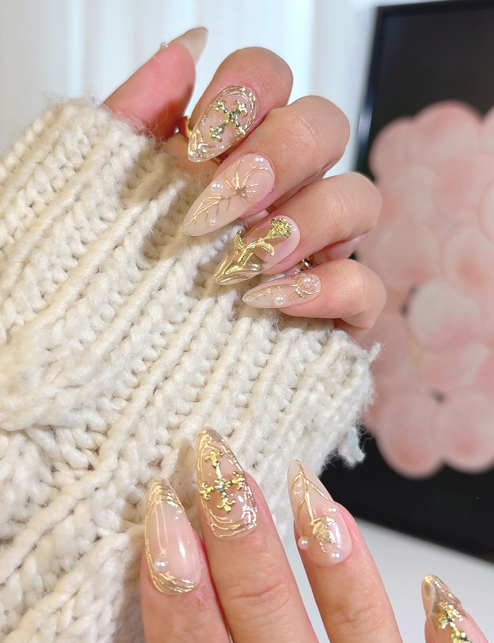 Golden Grace – Nude & Gold 3D Press-On Nails | Medium Almond