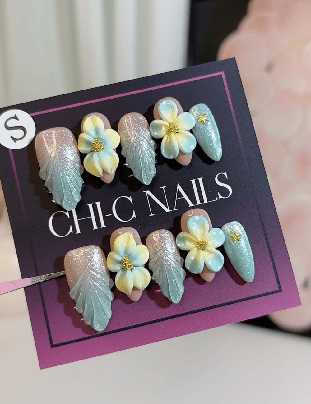 Blue Plumeria 3D Press-On Nails – Seashell Sparkle | CHICNAILS