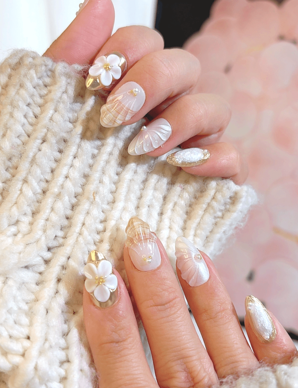 3D Floral Shell Press-On Nails – Short Almond | White & Gold Bridal Design