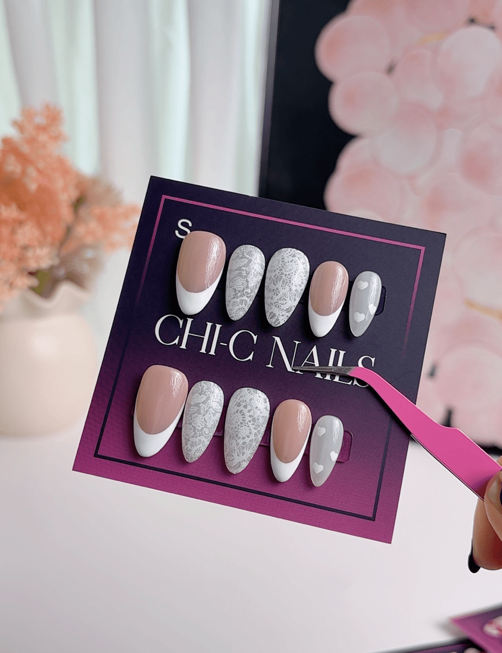 Valentine Lace French Press On Nails – Medium Almond Pink & White Heart Nails