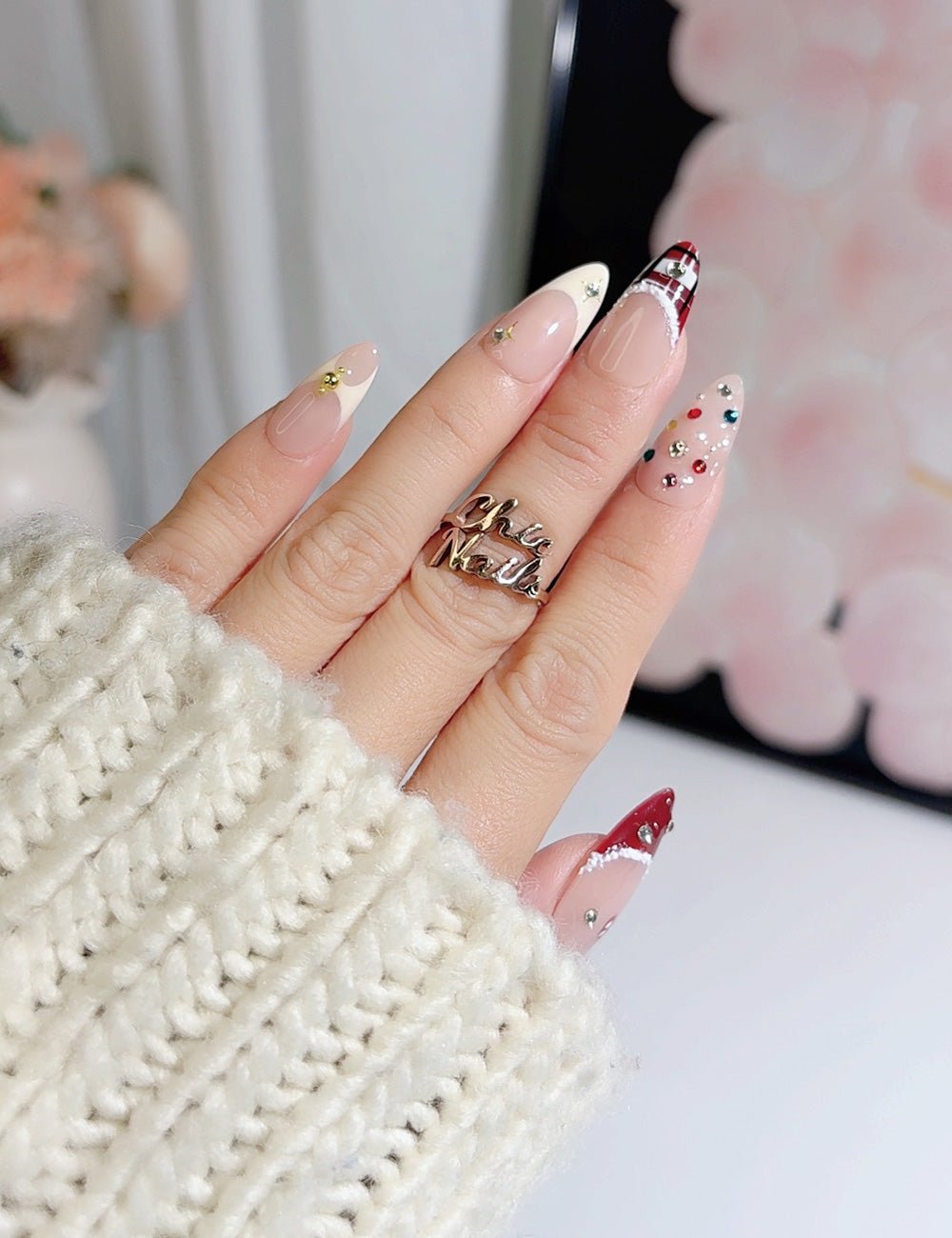 Handmade Press On Nails Christmas Plaid Festive Design Reusable Fake Nails CHICNAILS