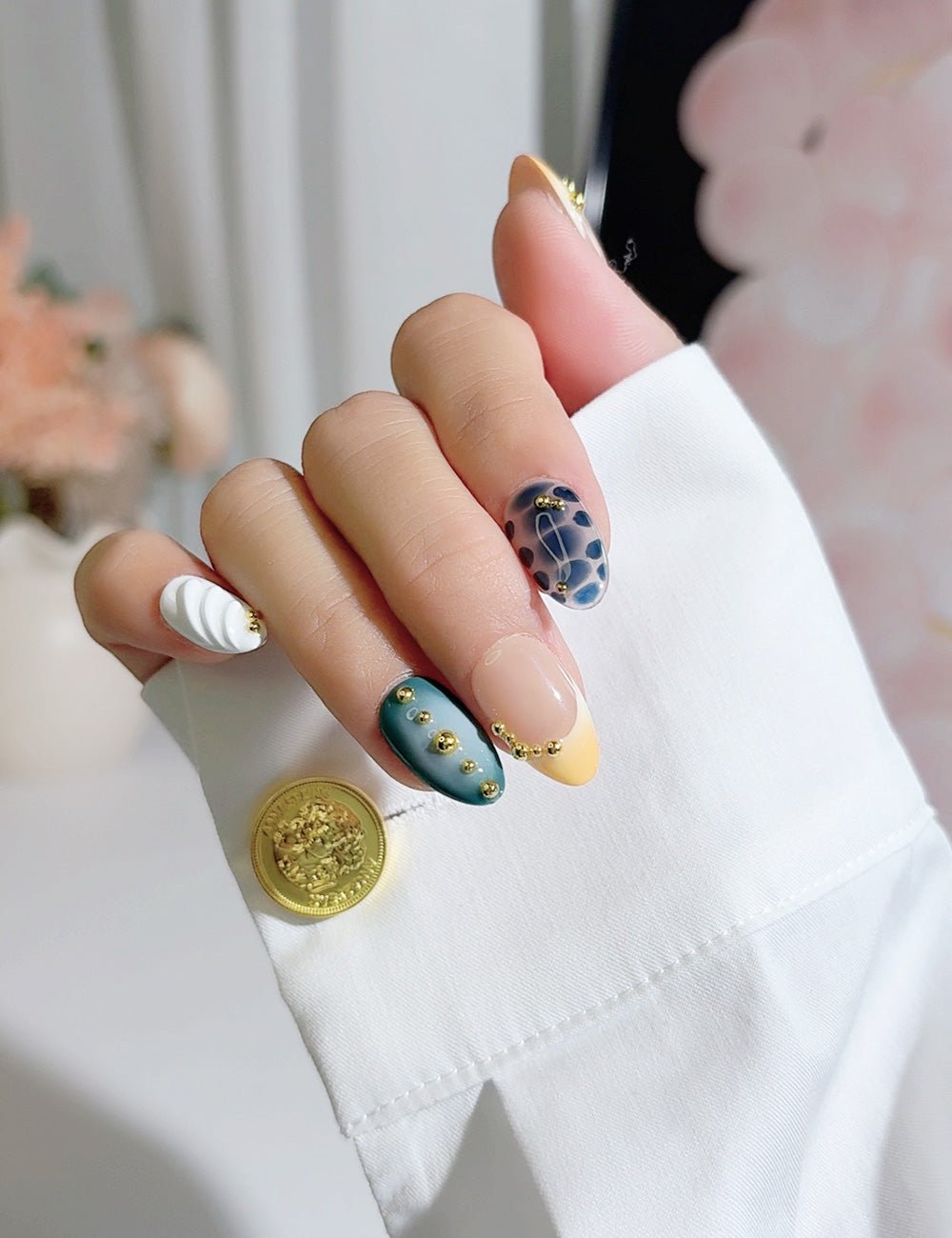 Handmade Press On Nails Blue Green Yellow Mix Design Reusable Fake Nails CHICNAILS