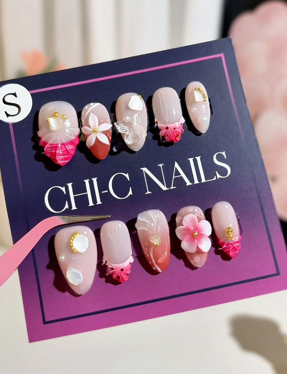 Tropical Kiss Press-On Nails – 3D Flowers, Pink Plaid & Butterfly Mix