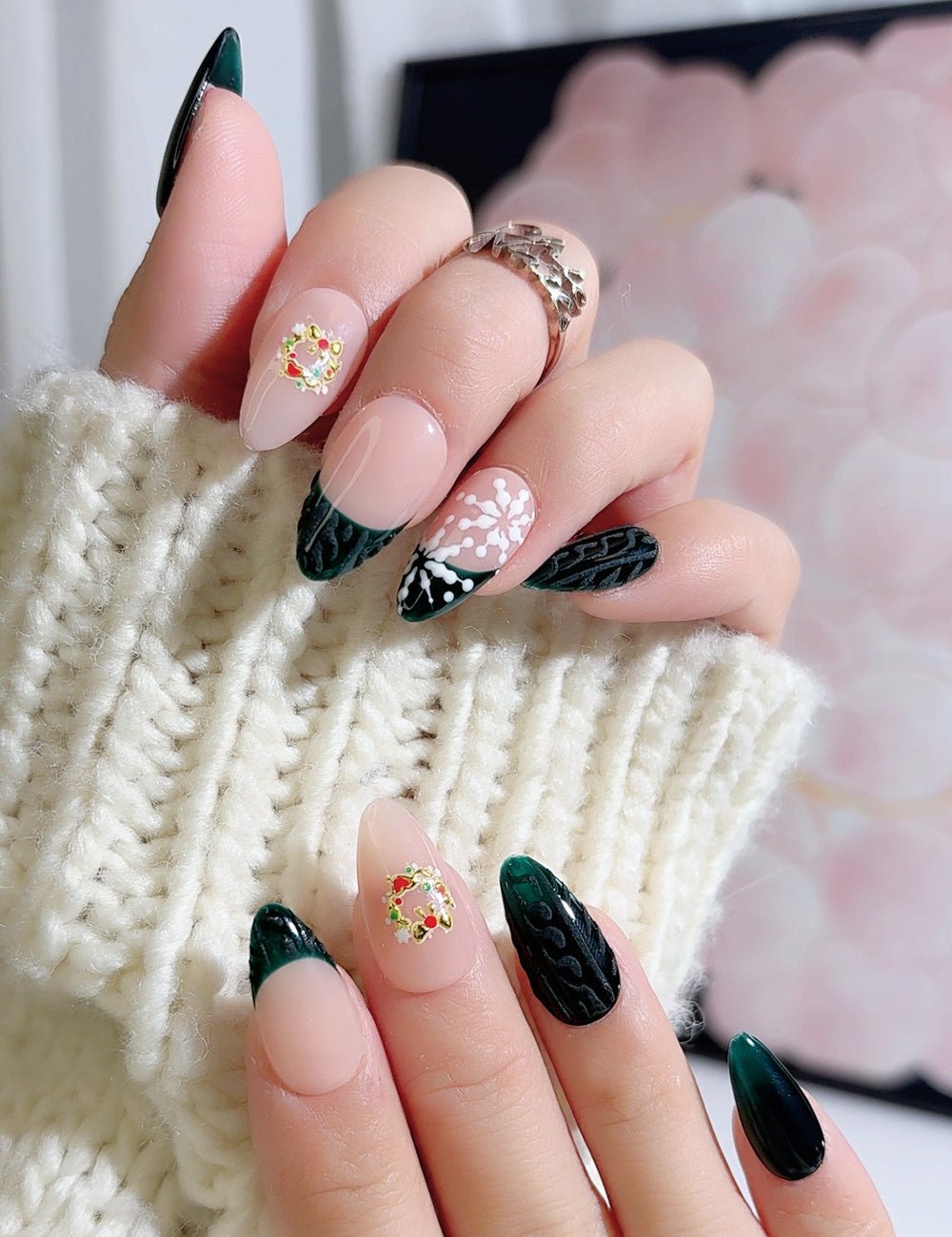 Handmade Press On Nails Dark Green Christmas French Design Reusable Fake Nails CHICNAILS