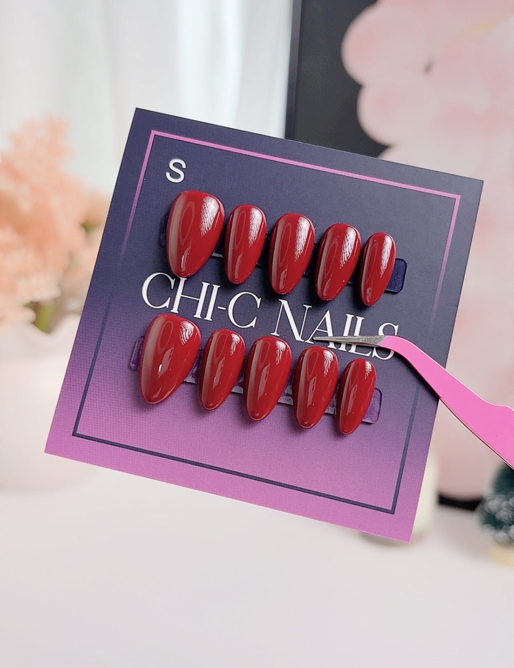 Burgundy Press On Nails with Glue, Short Almond, Solid Color Fake Nails, Handmade Glossy Nails