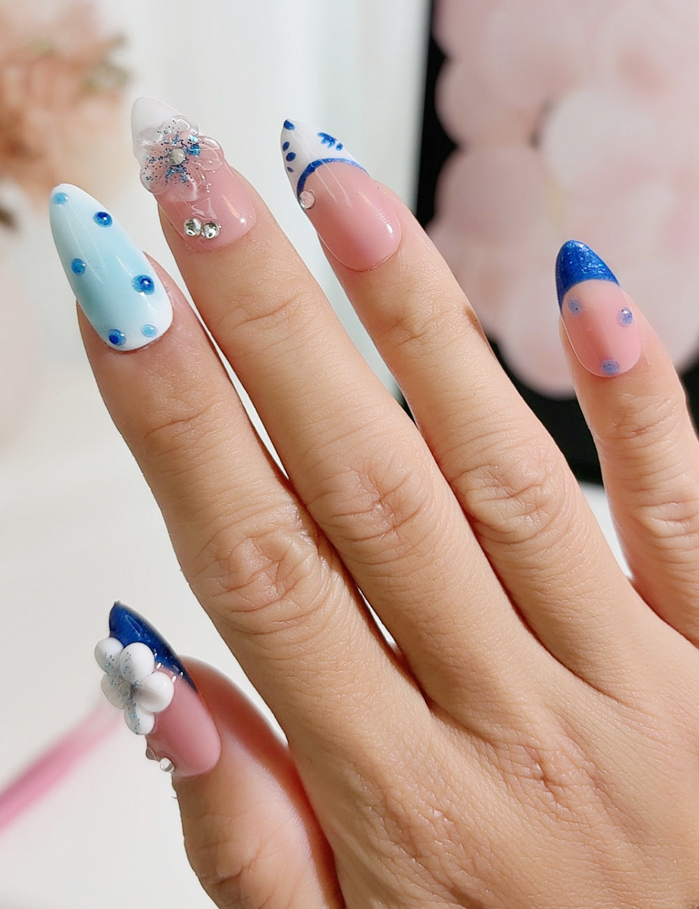 Ocean Bloom Press-On Nails – Blue Glitter, Florals & Polka Dot Mix