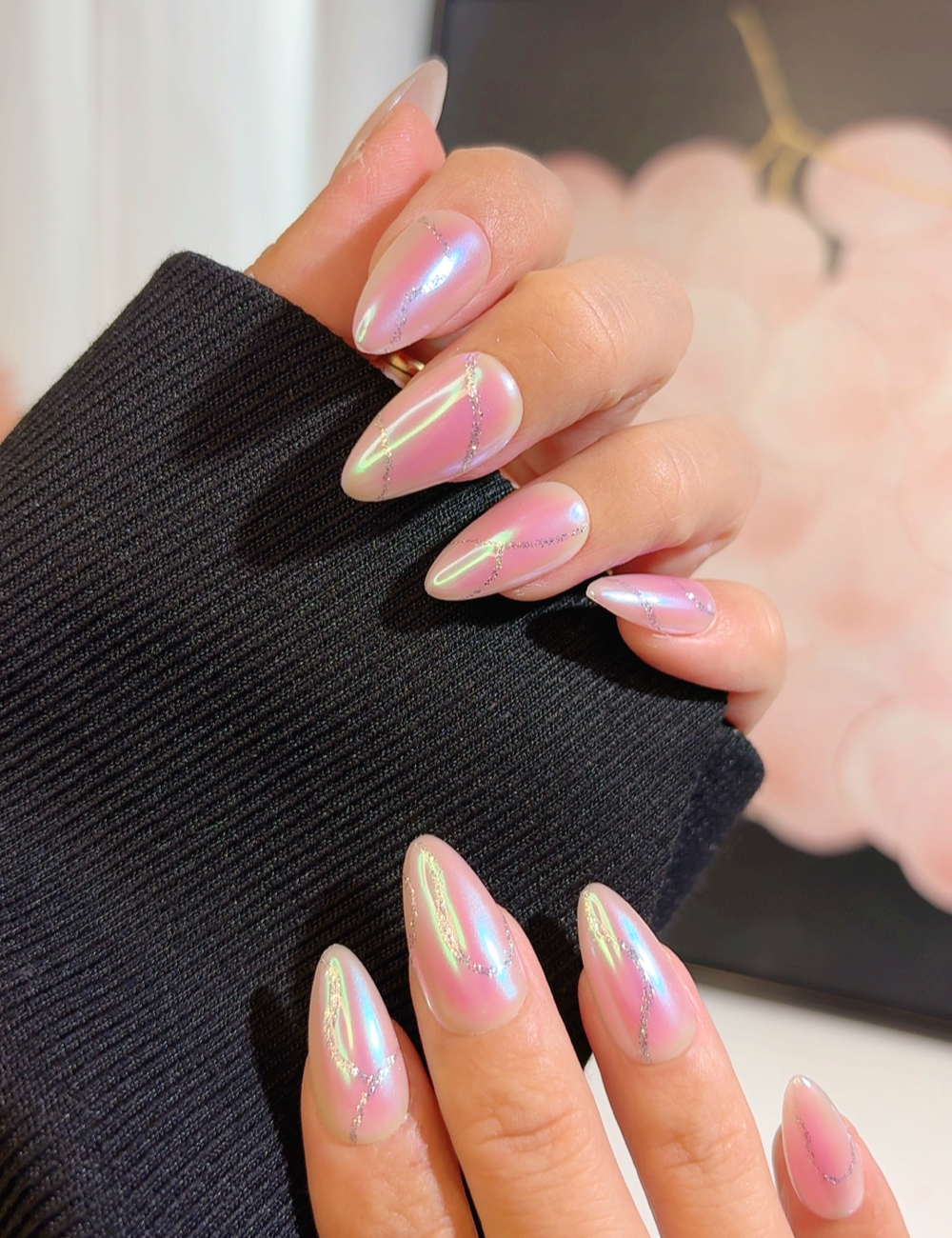 Iridescent Pink Cat Eye Press-On Nails – Medium Almond Chrome Shine with Pearl Detail