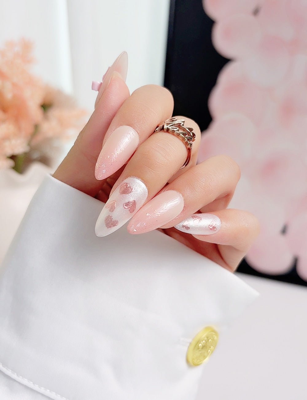 Pink Heart Press-On Nails | Short Almond Romantic Handmade Set