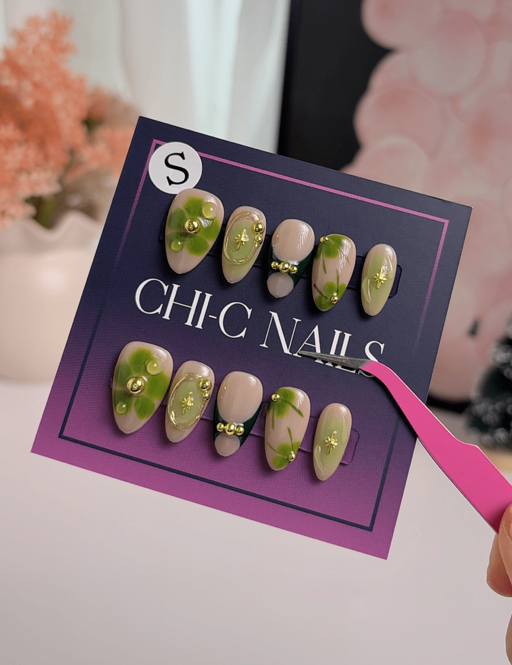 Green French Press On Nails with Glue, Short Almond, Handmade Floral Leaf Nails, Gold Detail Minimal Nails
