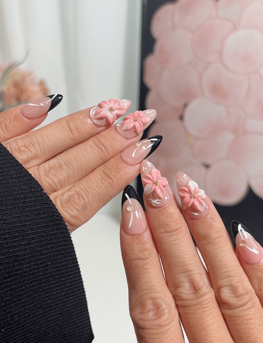 Black French Blossom 3D Press-On Nails