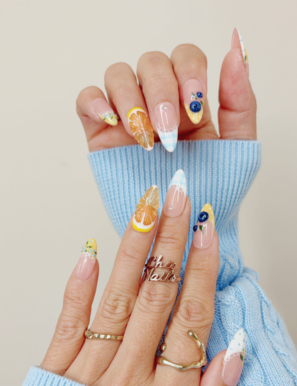 Orange & Blueberry Fruit Medium Almond Press On Nails