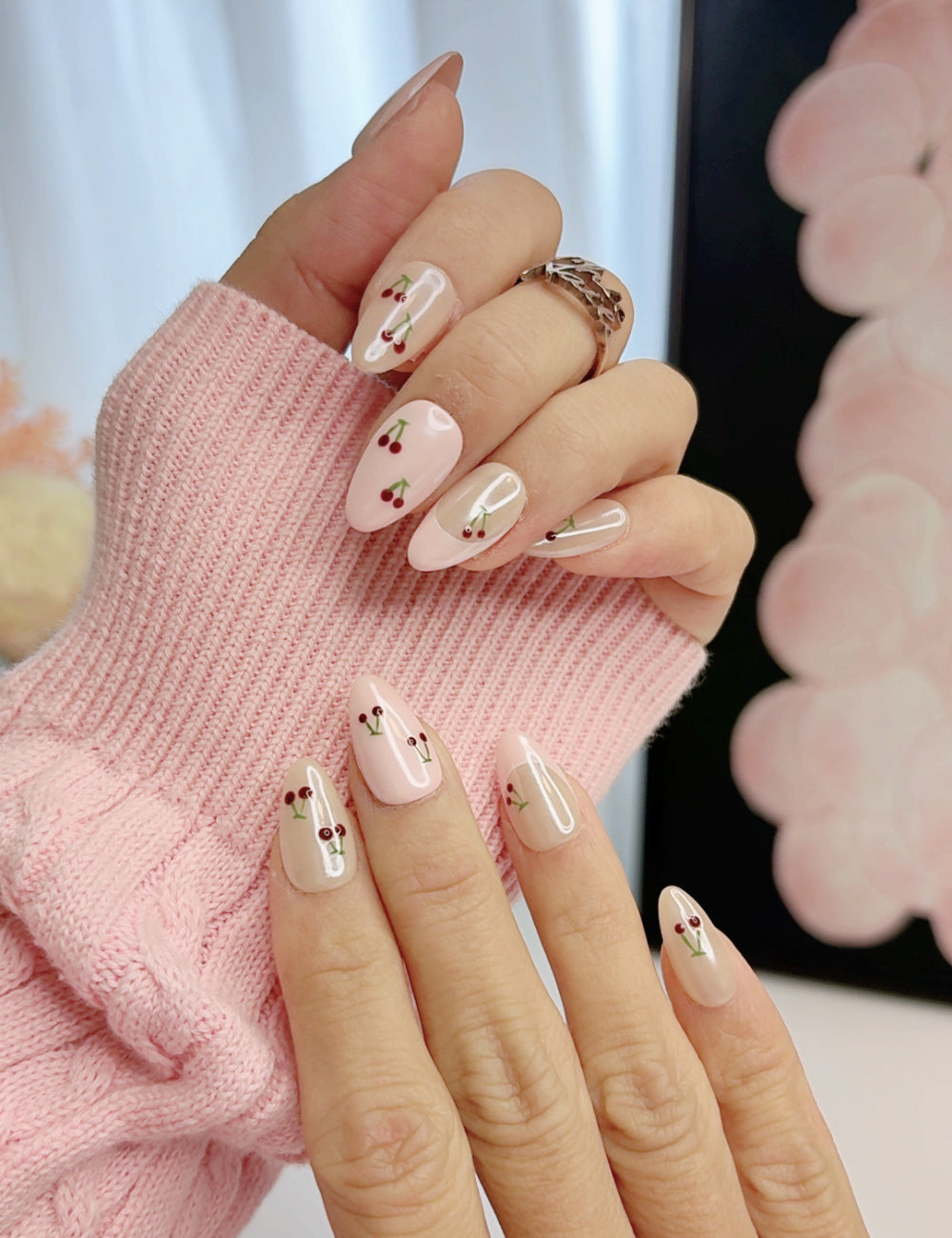 Handmade Sweet Cherry Pink Short Almond Press-On Nails