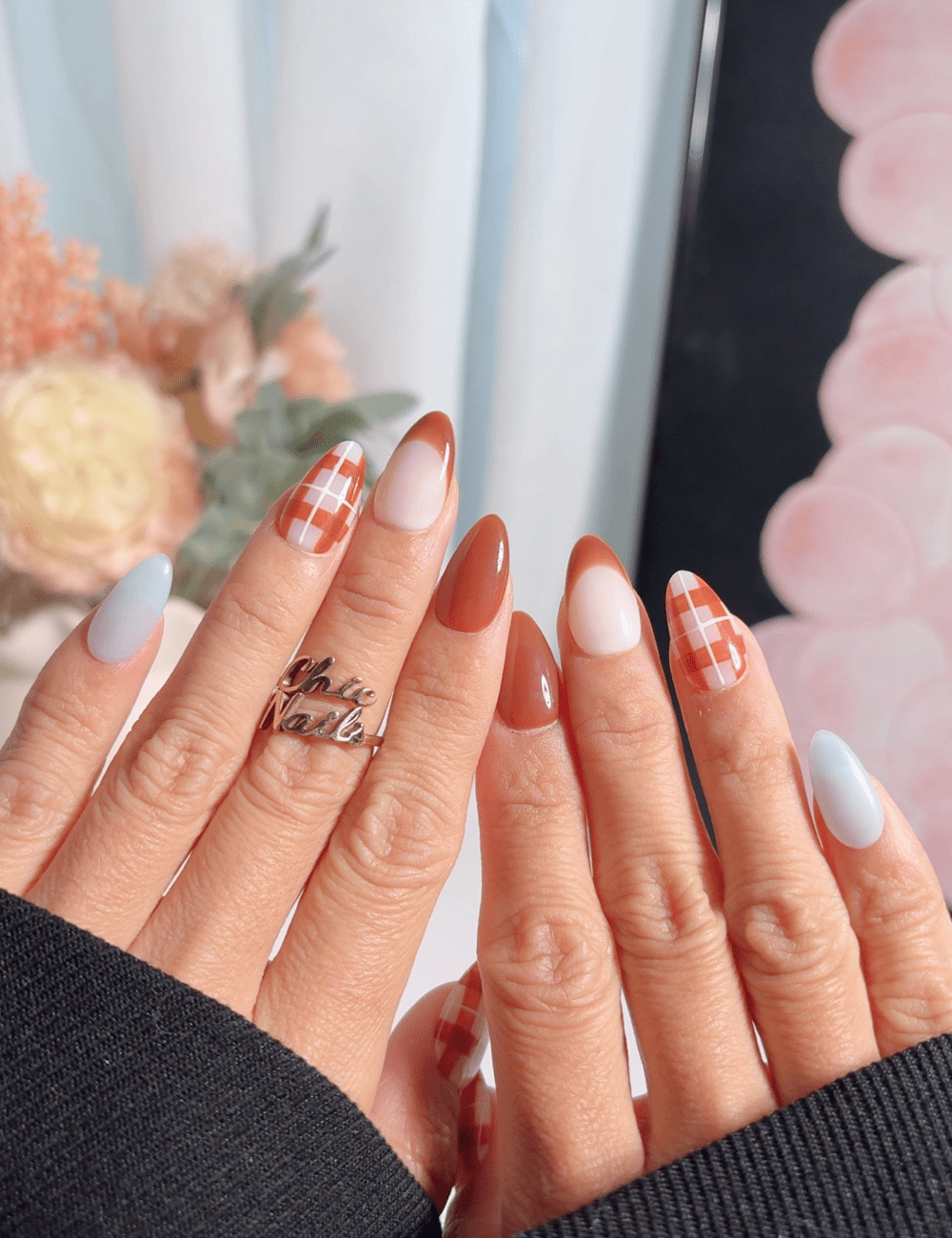 Terracotta Gingham & French Tip Press On Nails | Autumn Harvest Edition