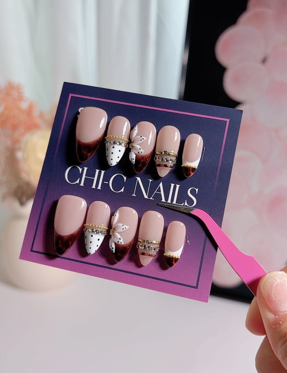 Handmade Medium Almond Press-On Nails - 3D Floral & Polka Dot Luxury Fake Nails