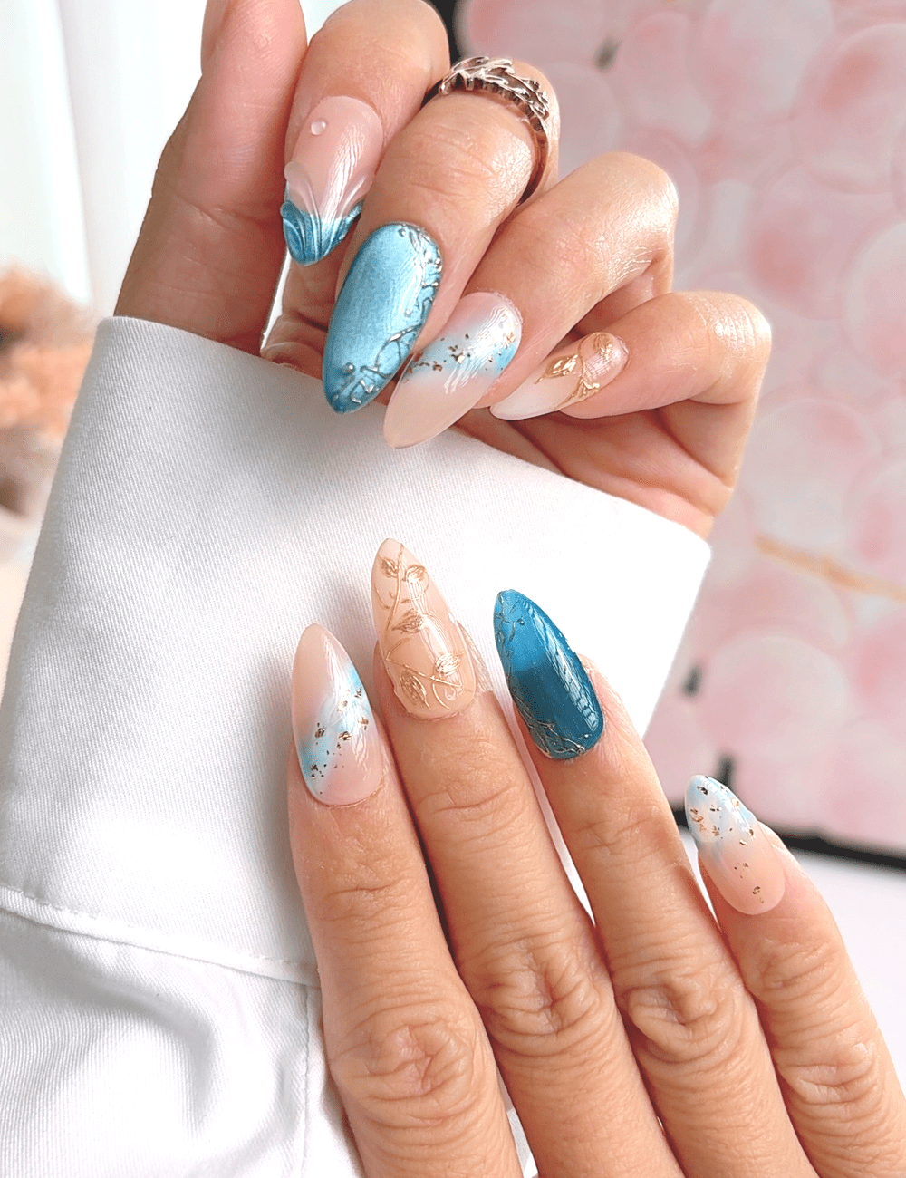 Blue Gold Floral Press On Nails | Nude Almond Nails | Elegant Blue Accent Design | Handmade Press On Nails