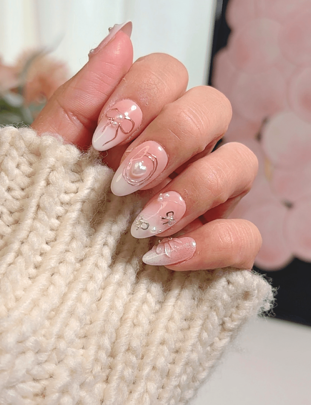Blush Bow 3D Press-On Nails – Short Almond Romantic Set