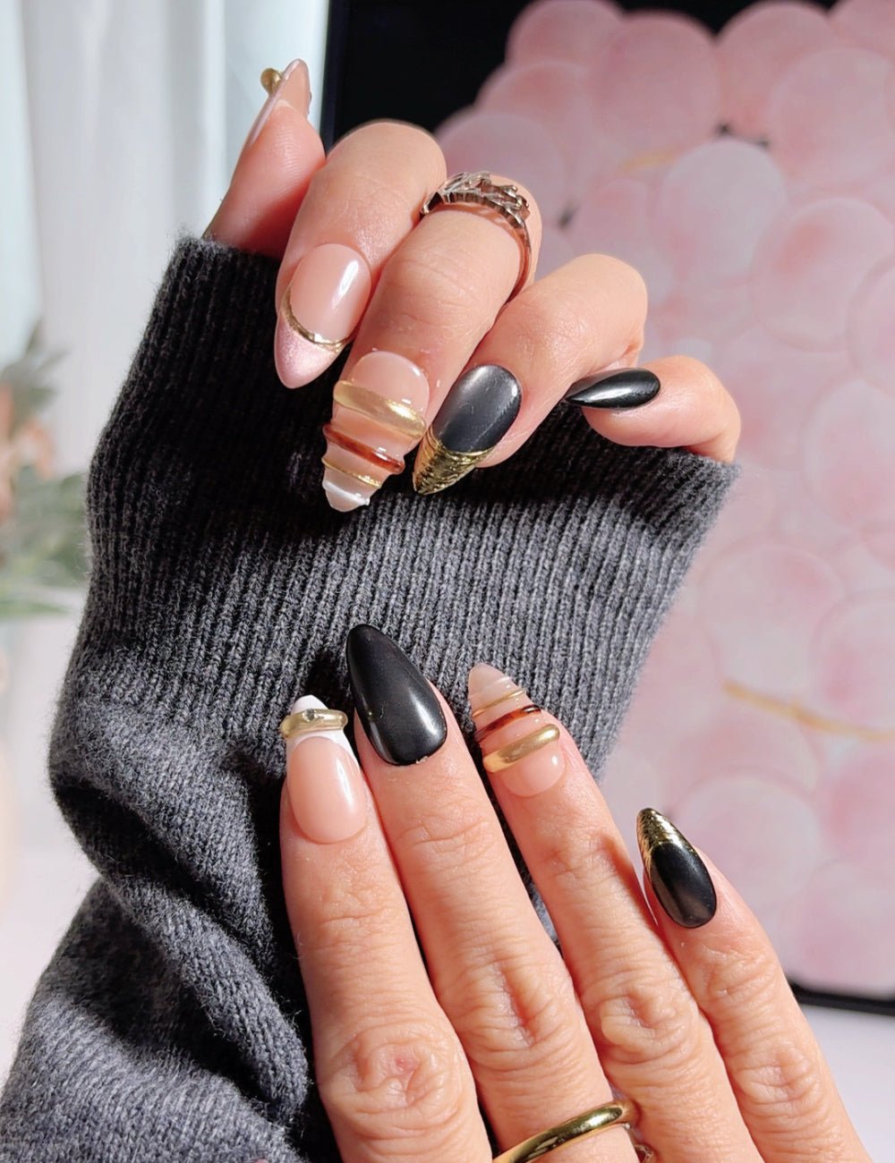 Handmade Gothic Black Nails with Gold Accents - Reusable Medium Almond Luxury Manicure