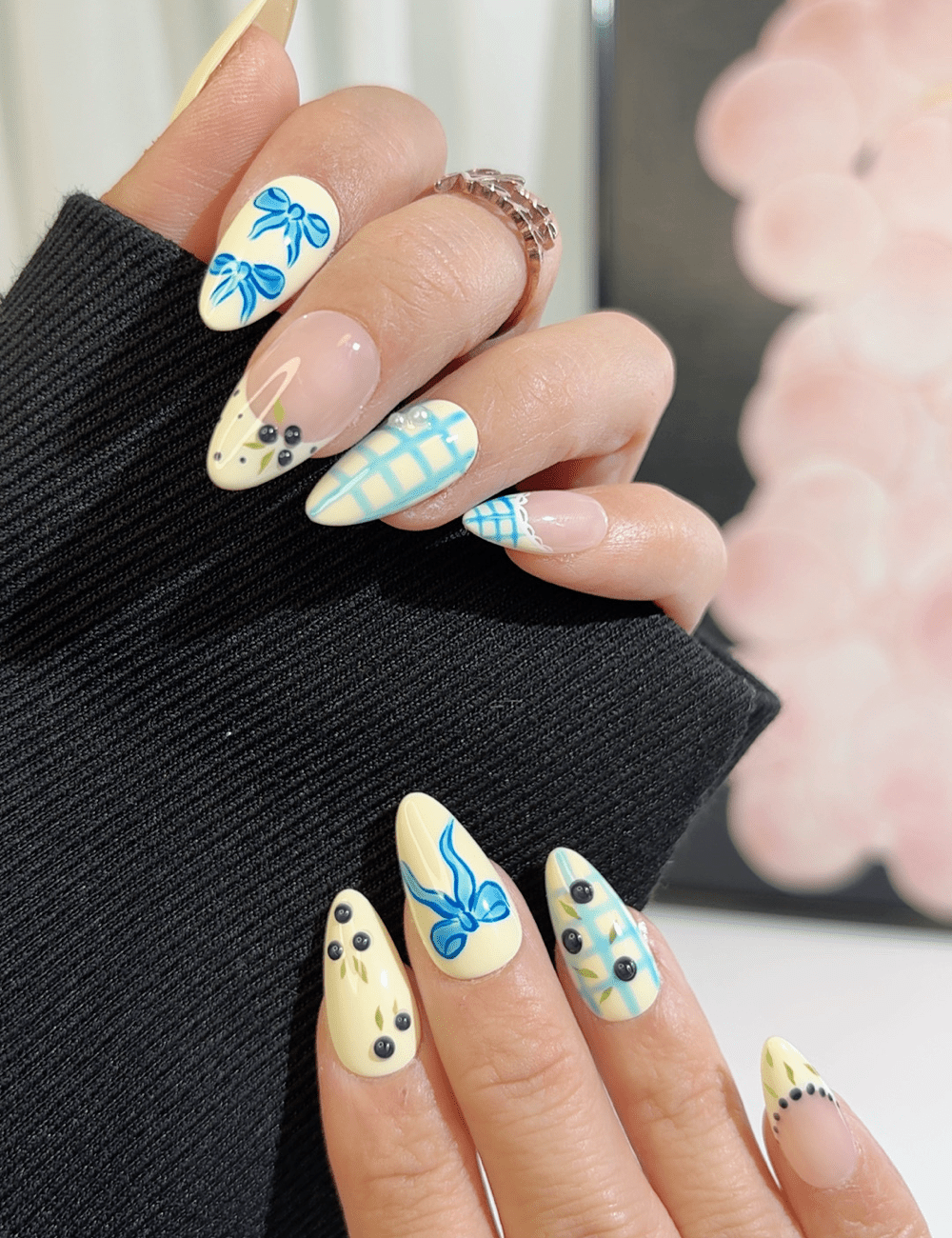 Blue Bow & Gingham Cute Press-On Nails – Medium Almond