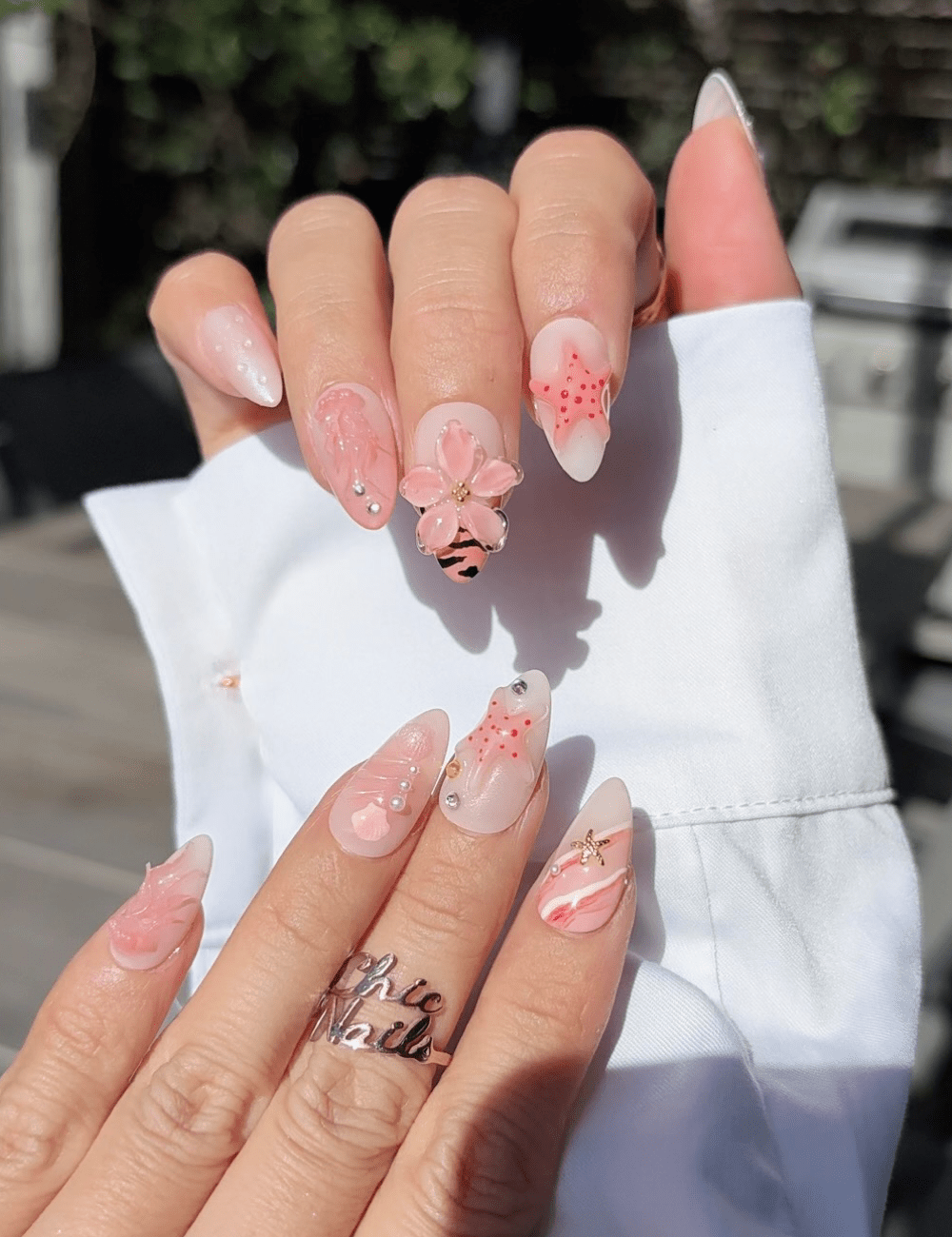 Pink Coral Blossom Press-On Nails – 3D Floral & Starfish Summer Design
