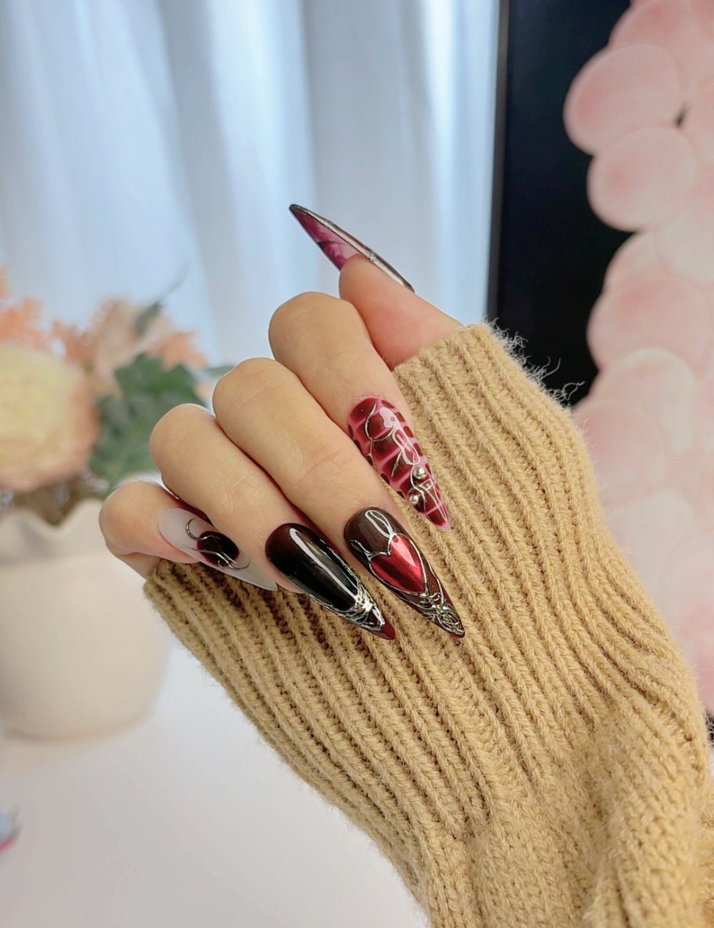 Handmade Dark Red Gothic Chrome Long Stiletto Press-On Nails